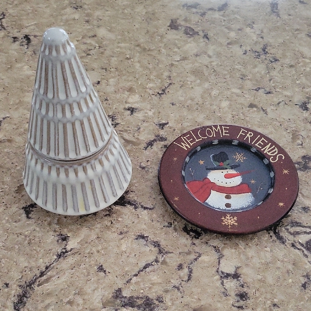Ceramic Tree and Wooden Snowman Coaster Set